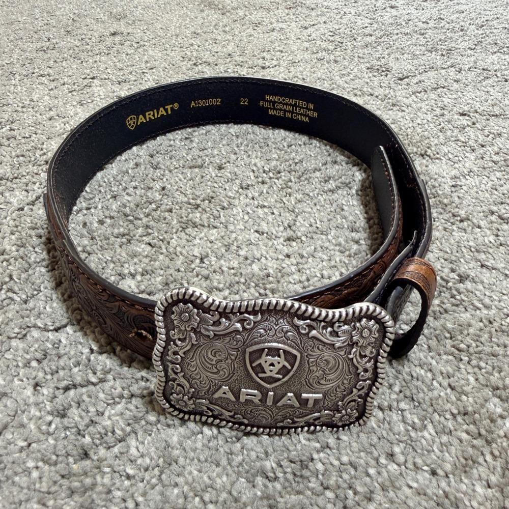 Ariat Kids Brown Floral Tooled Leather Western Belt Silver Tr Buckle A1301002